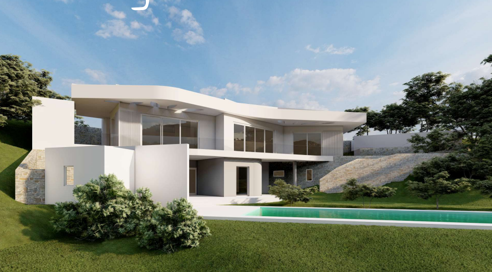 Modern two-story villa featuring a distinctive curved roofline, expansive glass facades, and a rectangular swimming pool integrated into a landscaped lawn.