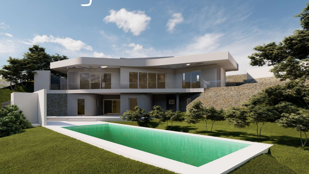 Modern two-story villa featuring a minimalist white facade, integrated stone walls, and a rectangular swimming pool set within a landscaped lawn.