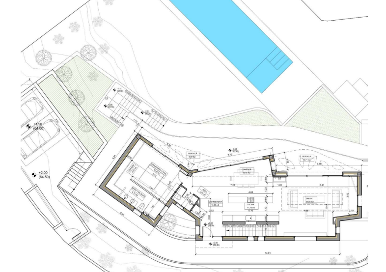 Technical floor plan detailing the interior layout with a master suite, open-plan living area, modern kitchen, outdoor pergolas, and pool area.