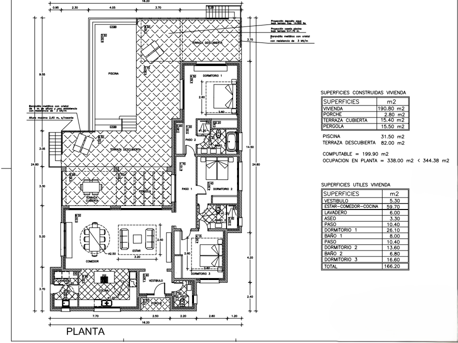 Detailed architectural floor plan featuring a three-bedroom layout, private swimming pool, pergola terrace, and technical surface area tables.