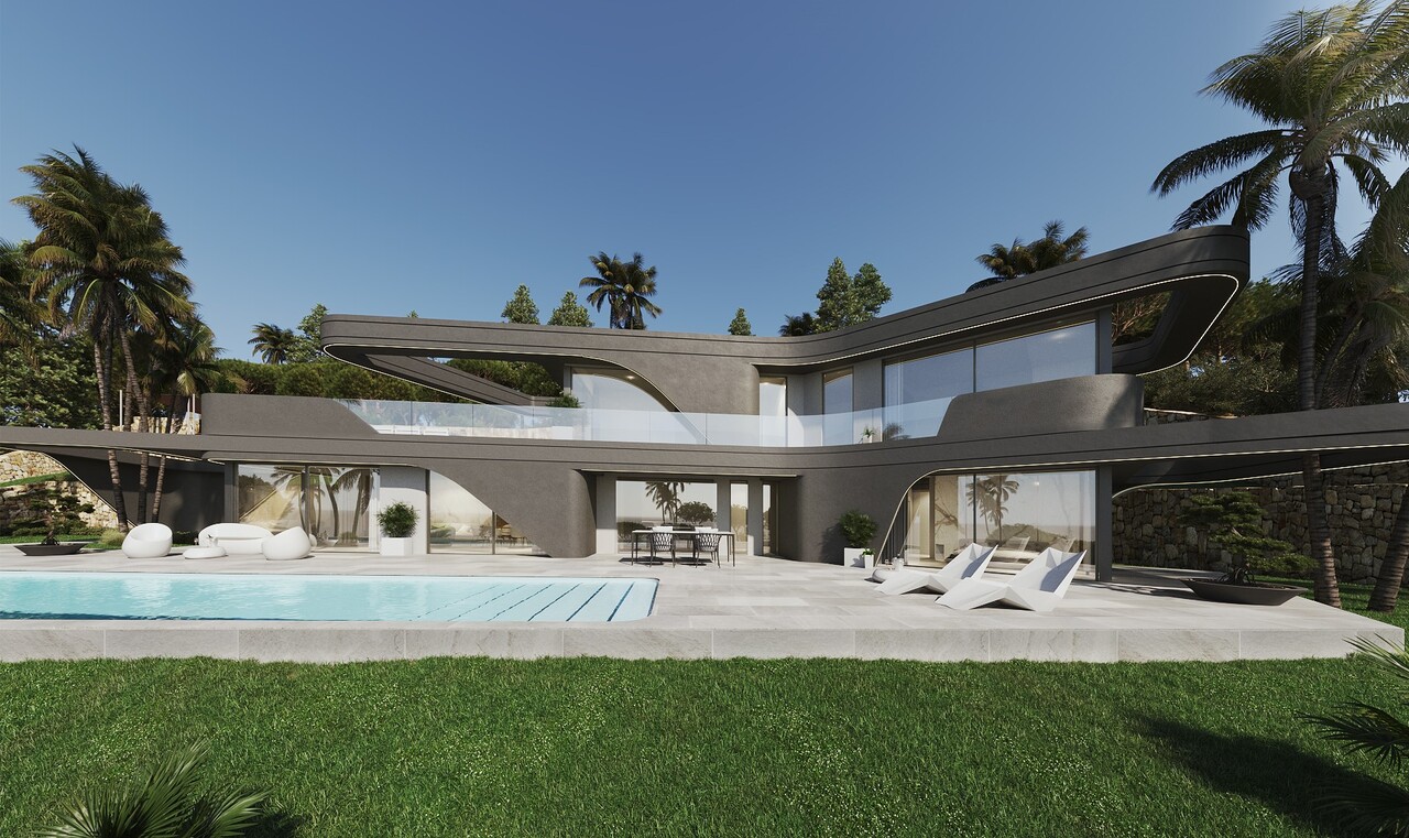 Exterior view of a contemporary villa with curved dark grey facades, a rectangular pool, stone paving, and minimalist white outdoor furniture.