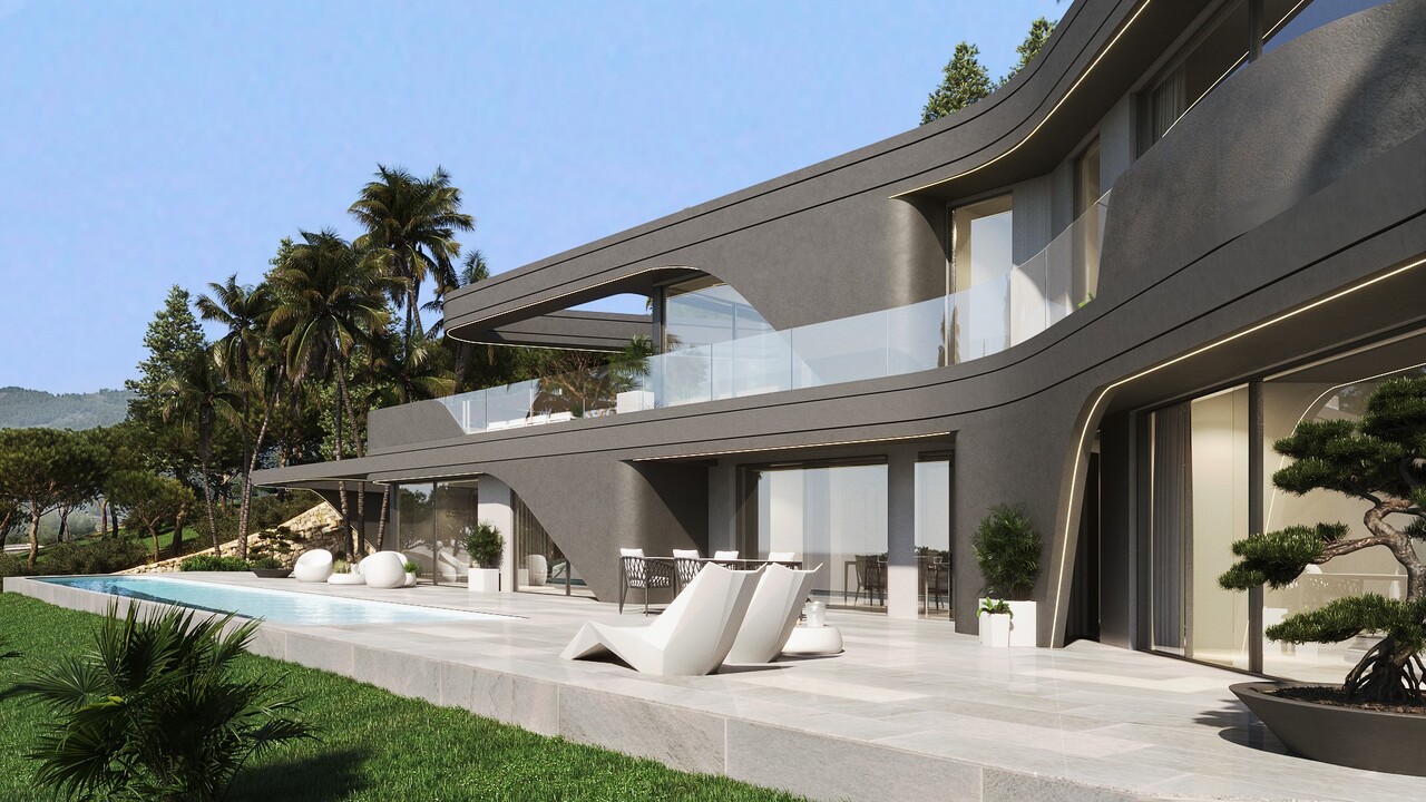 Modern two-story villa featuring a dark curved facade, infinity pool, and stone terrace. Includes recessed LED lighting and minimalist white outdoor furniture.