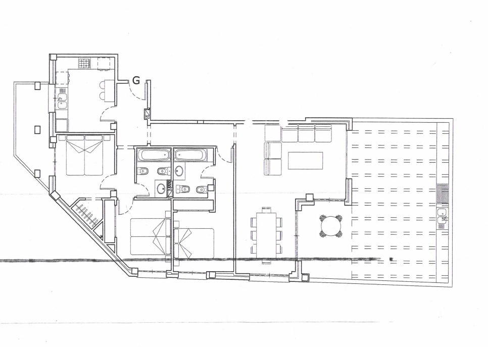 Detailed architectural floor plan showing the layout of three bedrooms, two bathrooms, a spacious living area, and an expansive terrace with outdoor sink.