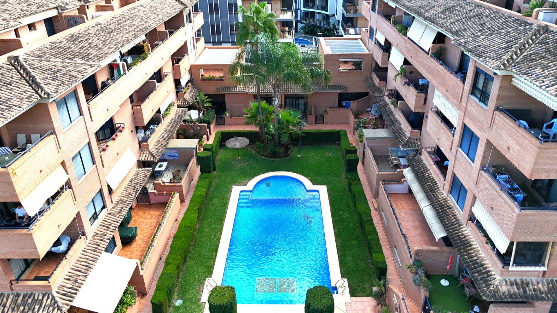 Elevated view of the communal area featuring a blue swimming pool, manicured lawn, and palm trees, surrounded by brick buildings with private terraces.