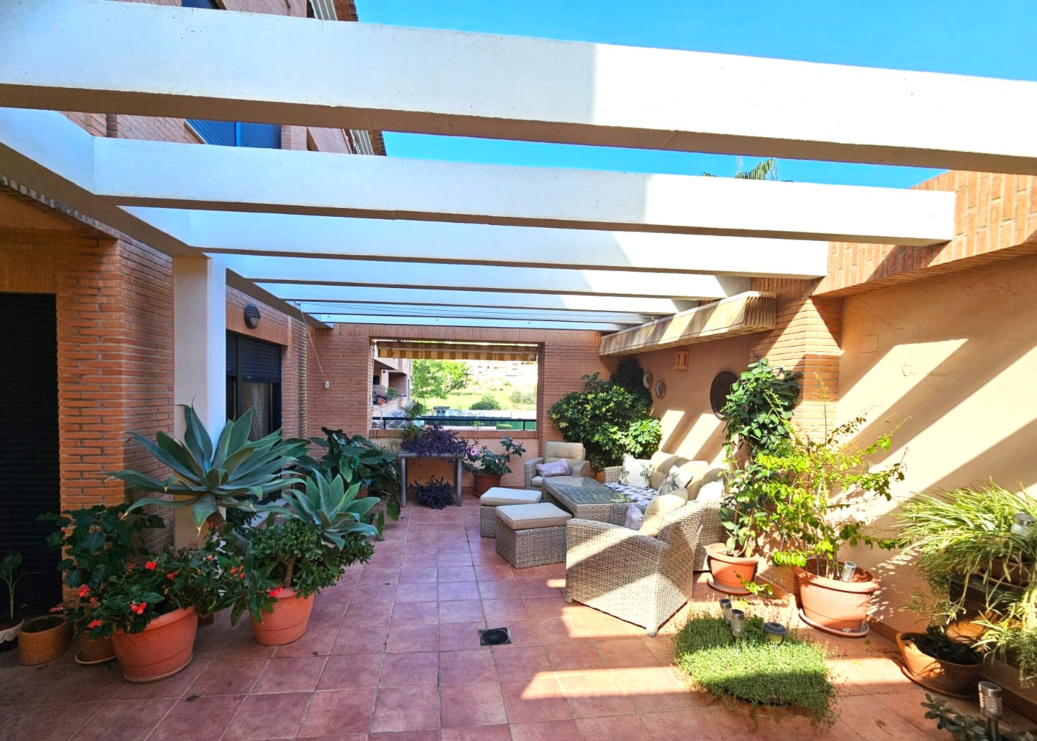 Spacious terrace featuring terracotta flooring, white pergola beams, and a wicker lounge set surrounded by Mediterranean potted plants and brick walls.
