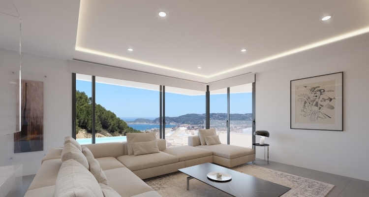 Designer living area featuring floor-to-ceiling corner glazing with sea views. Includes perimeter LED lighting, a modular sofa, and large-format porcelain flooring.