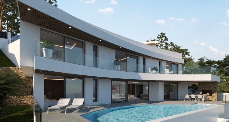 Modern two-story villa featuring a curved white facade, infinity pool, and integrated outdoor dining area with a stone fireplace and recessed lighting.
