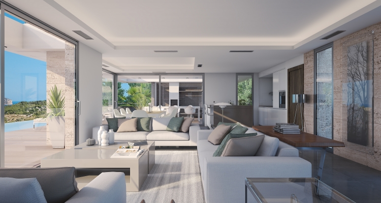Open-plan living area featuring floor-to-ceiling glass doors, recessed ceiling lighting, and stone-textured wall panels with views of the Mediterranean coast.