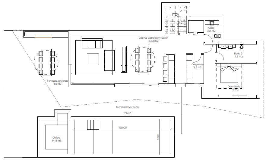 Architectural floor plan of the ground floor featuring a living-dining room, kitchen, bedroom, covered and uncovered terraces, and chillout area with pool.