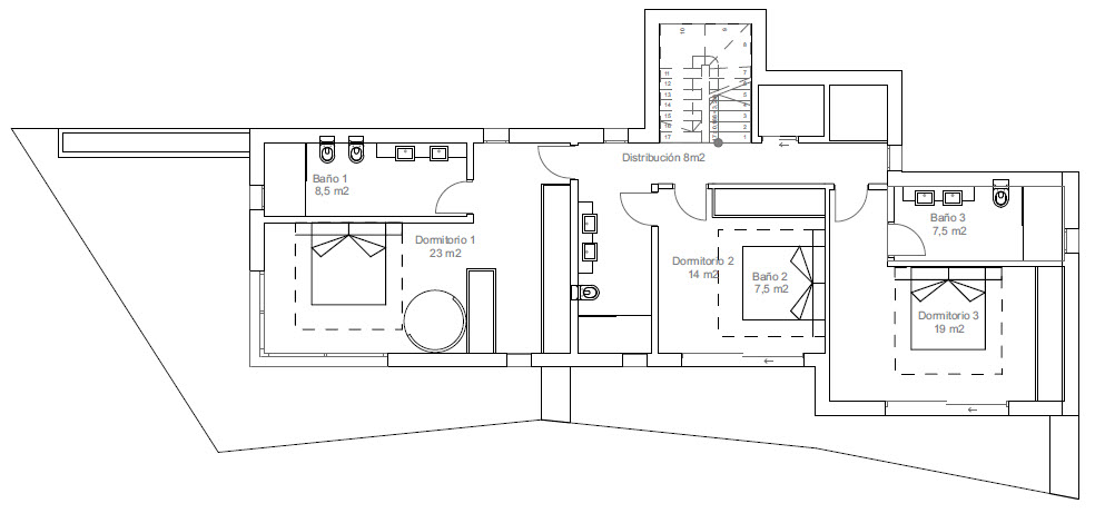 Architectural floor plan of the upper level featuring three ensuite bedrooms and distribution.