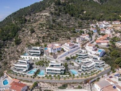 Aerial view of the residential complex of luxury villas with private pools in Calpe.