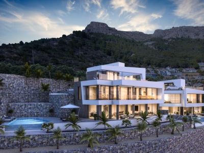 Exterior view of the villa featuring an infinity pool and natural stone facade.