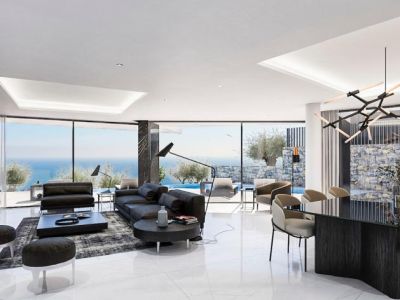 Spacious living-dining area with panoramic windows and modern decor in neutral tones.
