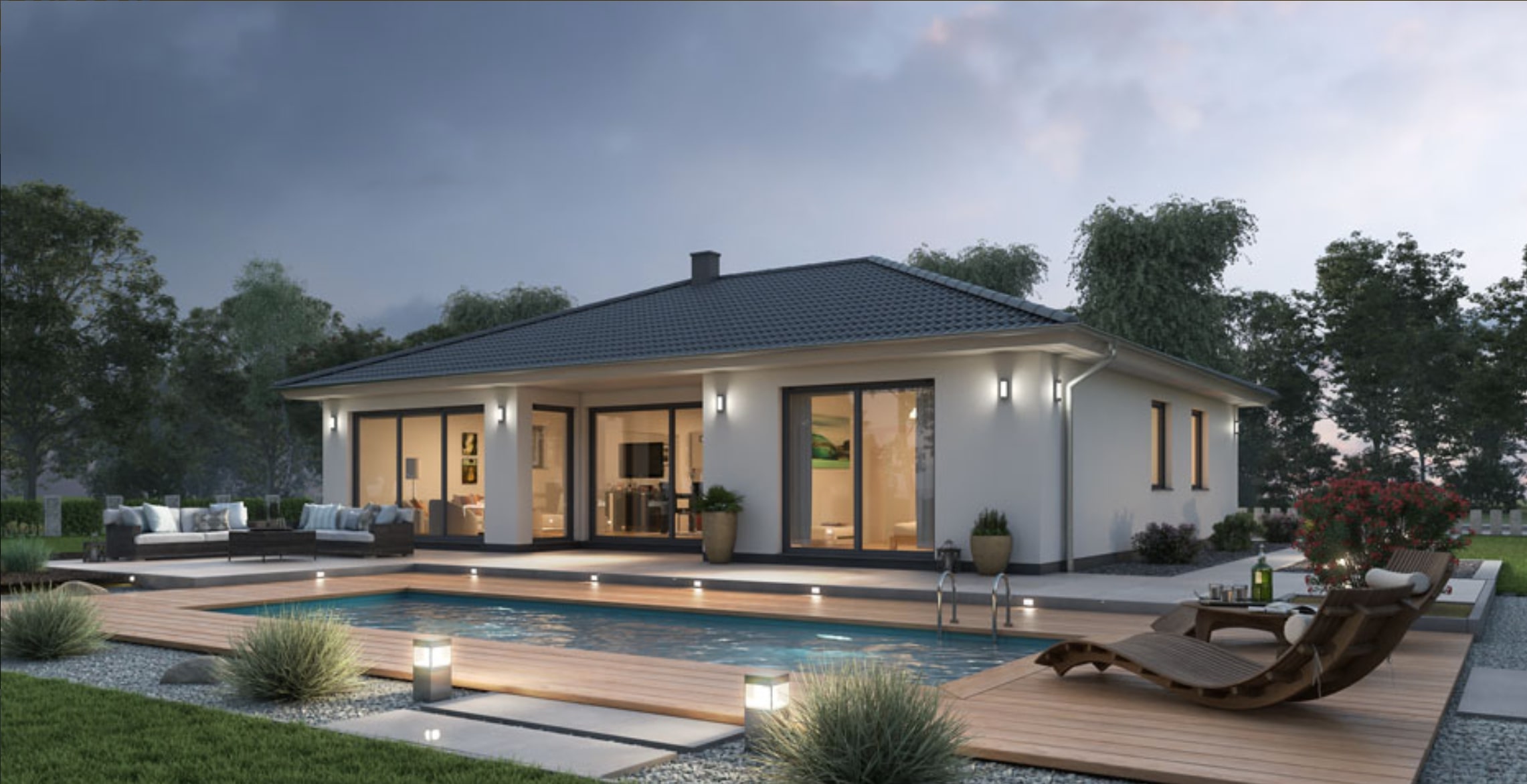Exterior view of the villa featuring a private pool and wooden deck, perfect for outdoor relaxation.