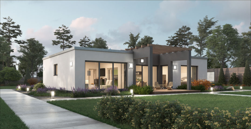 Exterior view of the modern villa with garden and illuminated pathway.