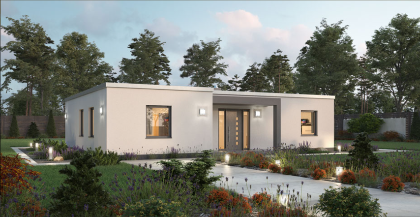 Exterior view of the single-story villa featuring a low-maintenance garden and illuminated pathway.