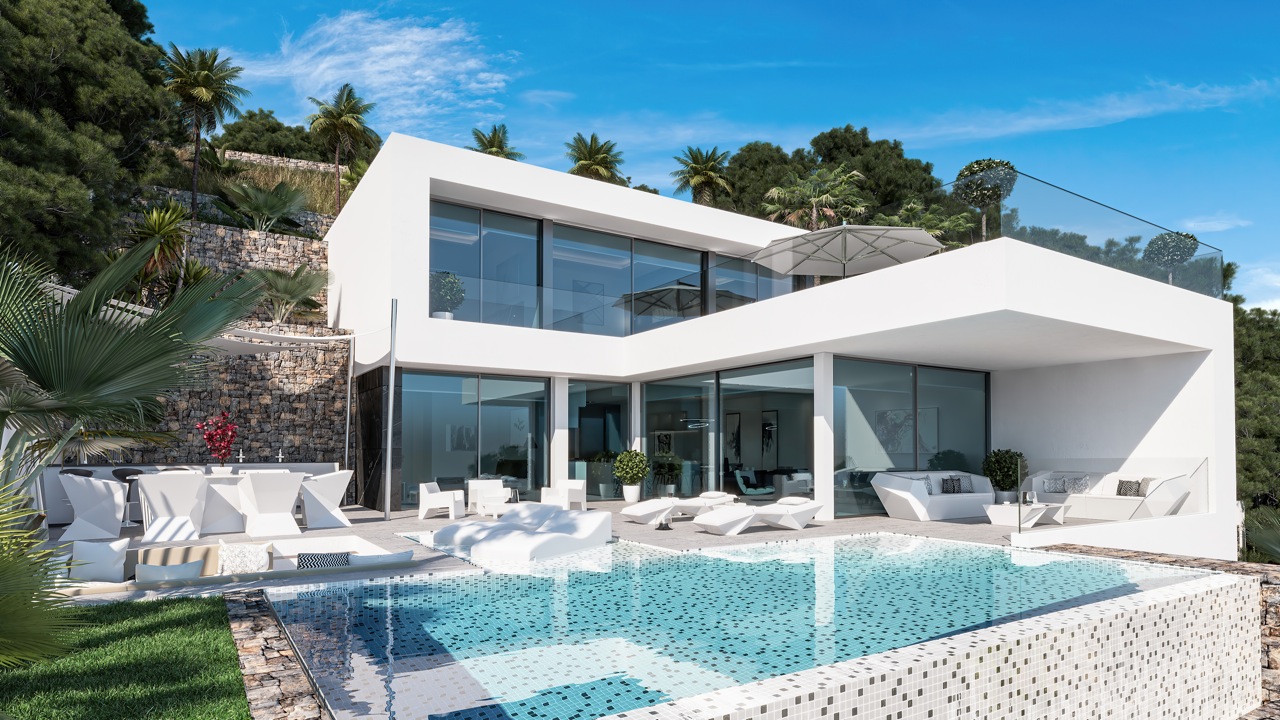 Exterior view of the villa with an infinity pool, terrace with modern furniture, and minimalist architectural design.