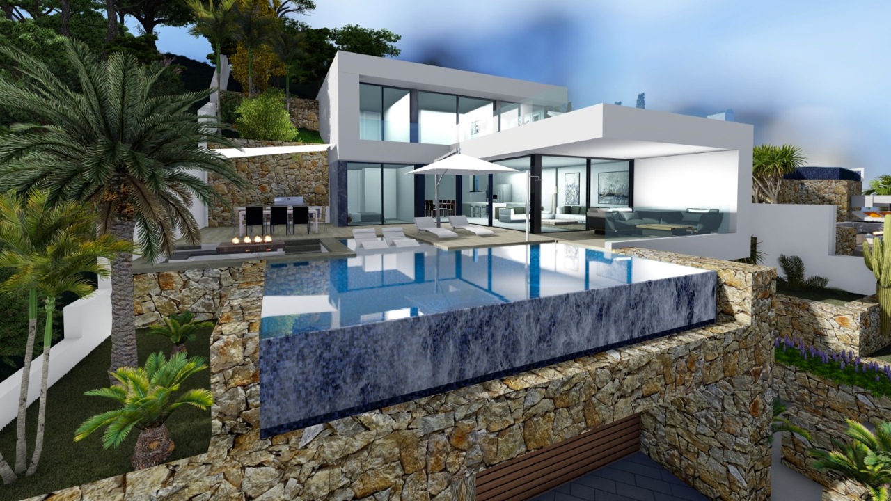 View of the infinity pool with granite edge and outdoor seating area with integrated barbecue.
