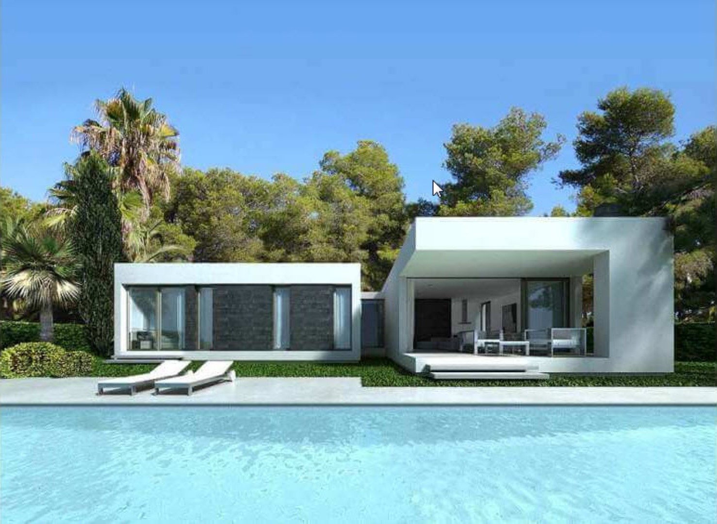 Exterior view of the villa featuring a pool, sun loungers, and a covered terrace with furniture.