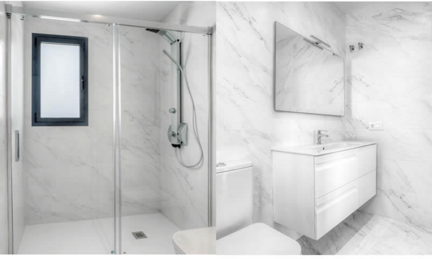 Modern bathroom featuring marble-effect tiling, a walk-in glass shower with a hydromassage column, and a sleek white wall-hung vanity with a large mirror.