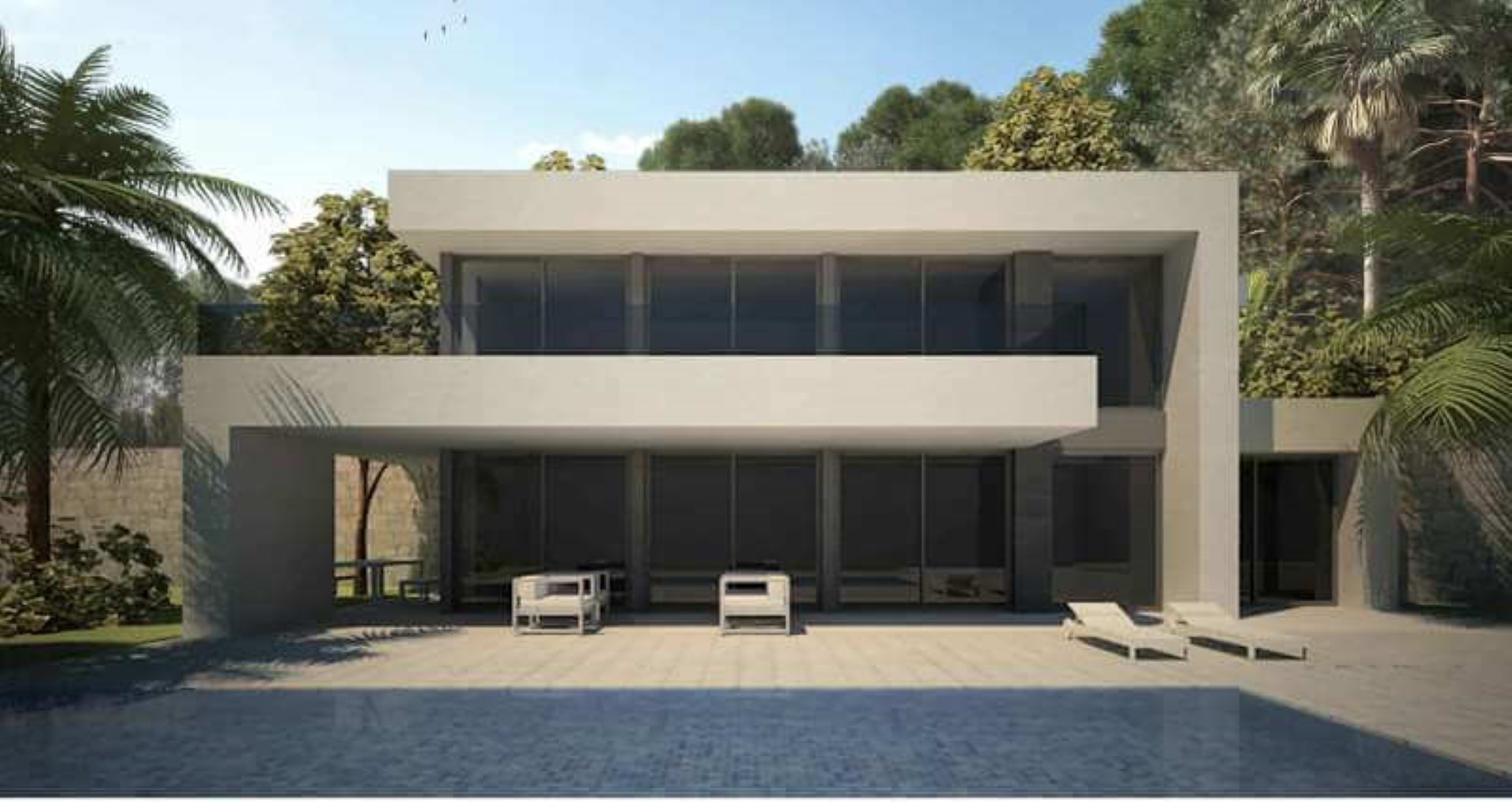 Modern minimalist villa facade featuring floor-to-ceiling glass walls, a spacious sun terrace with lounge furniture, and a private pool area.