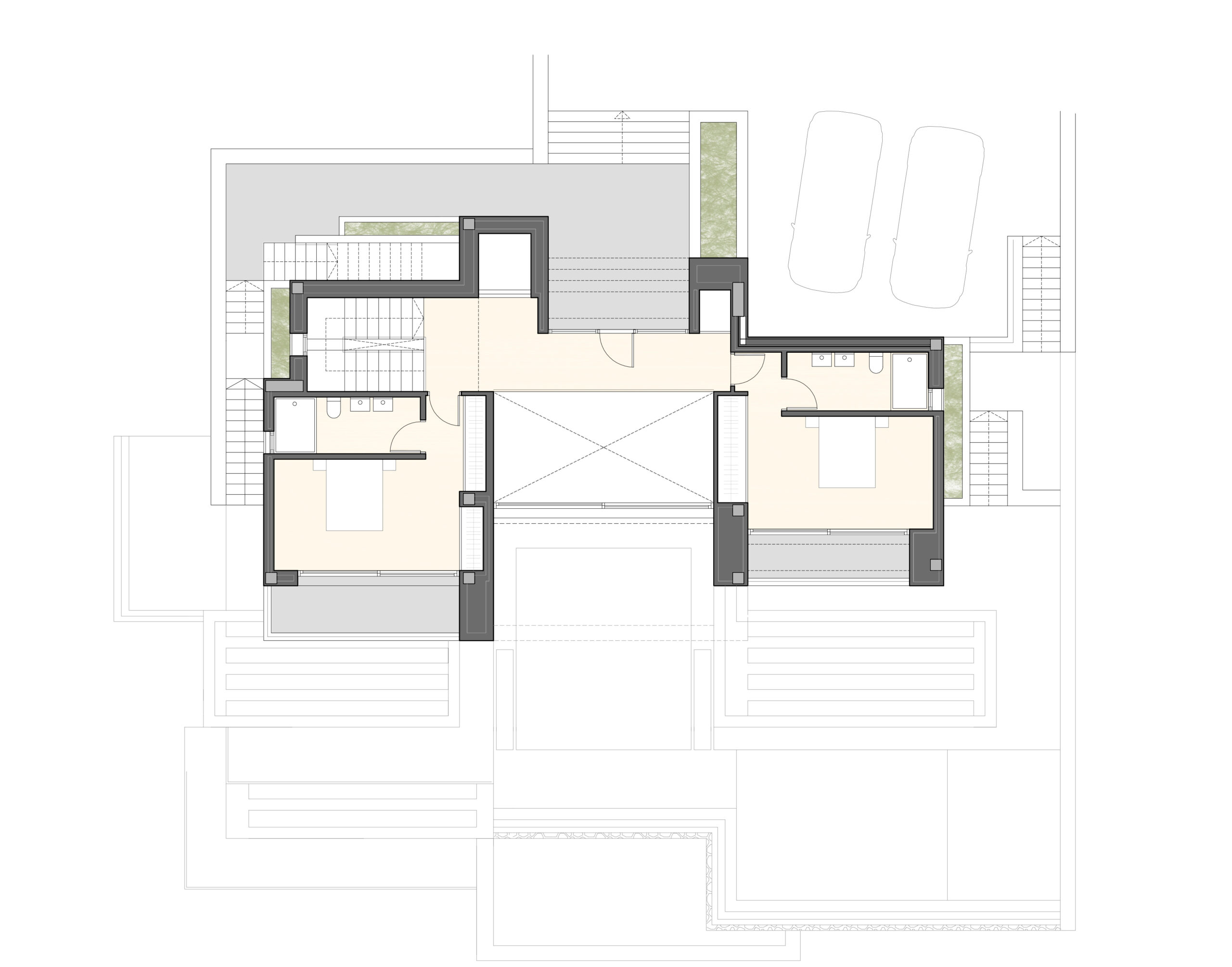 Detailed floor plan of the first level featuring the entrance hall, two double bedrooms with ensuite bathrooms, private terraces, and the outdoor parking area.