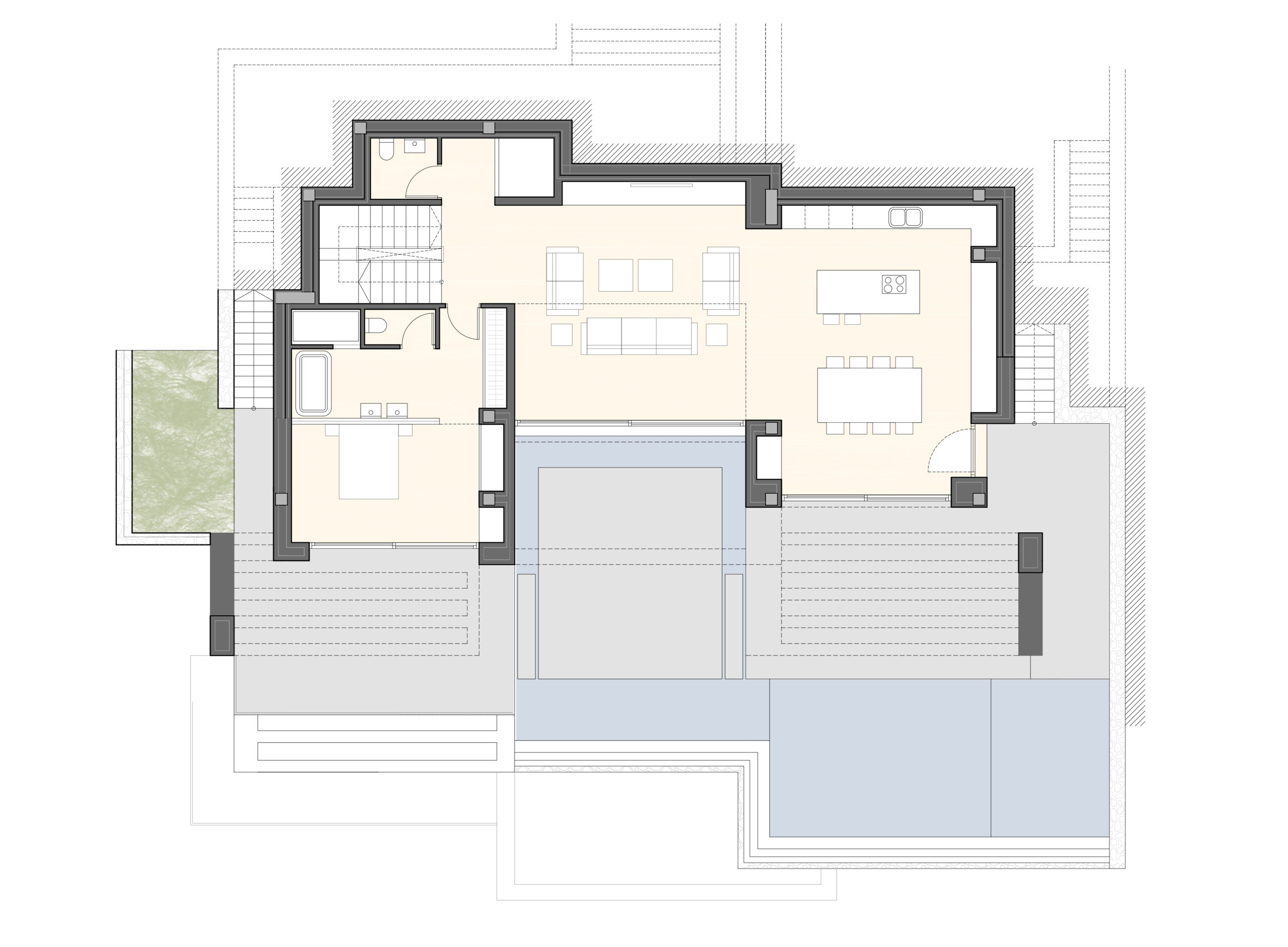 Detailed ground floor plan featuring an open-concept living area, kitchen with island, master en-suite, and an expansive outdoor terrace with an infinity pool.