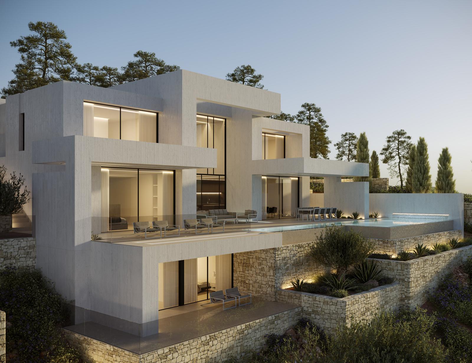 Geometric three-level facade featuring expansive floor-to-ceiling windows, glass-railed terraces, and an infinity pool integrated into natural stone terraced gardens.