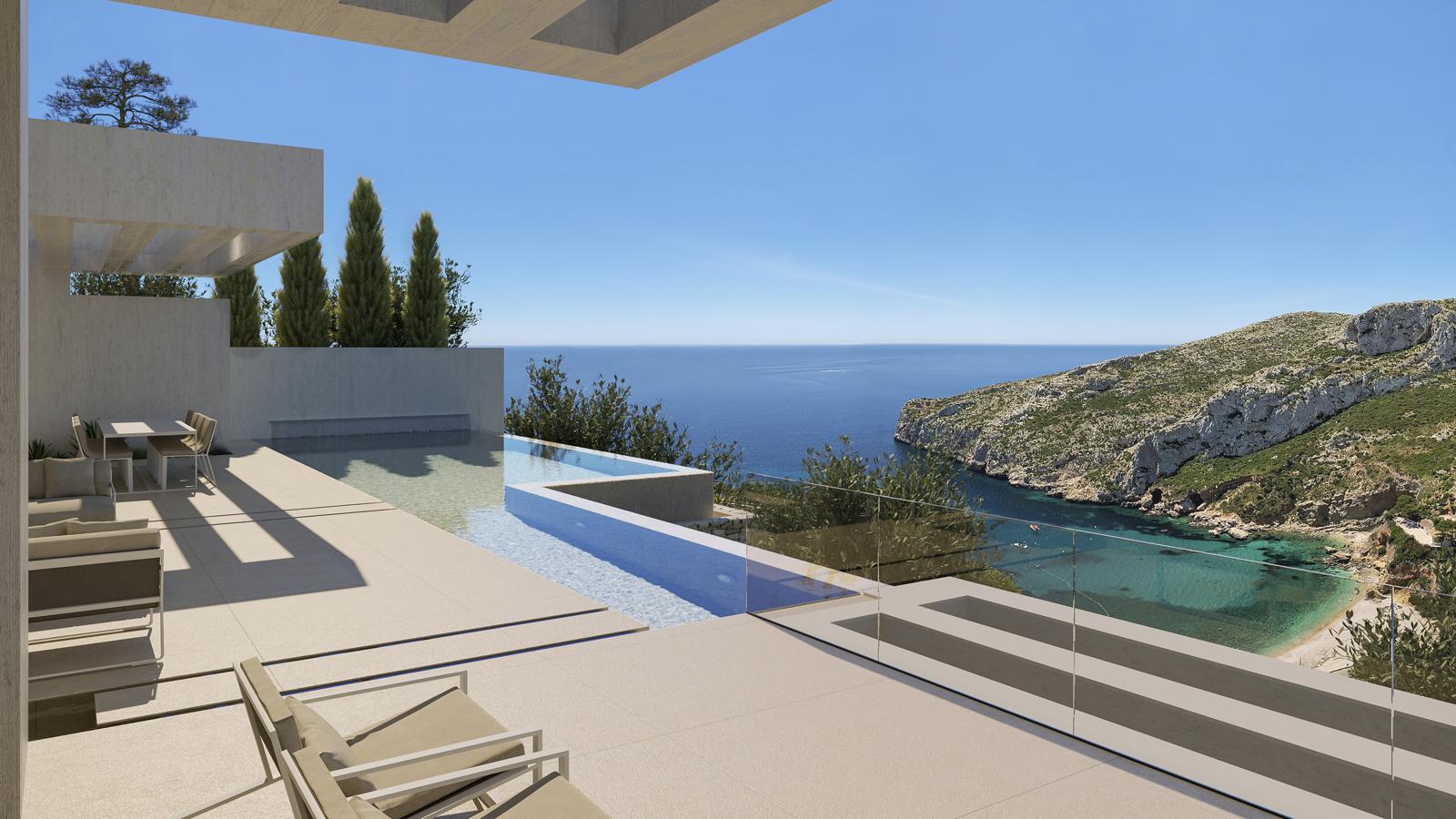 Main terrace featuring a multi-level infinity pool, glass balustrades, and panoramic views over Granadella cove and the Mediterranean Sea.
