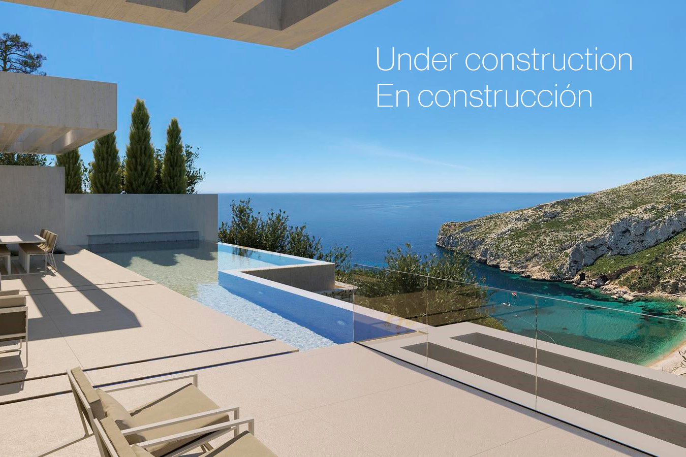 Main terrace featuring an infinity pool and glass railings, providing direct panoramic views of Granadella Cove and the Mediterranean Sea.