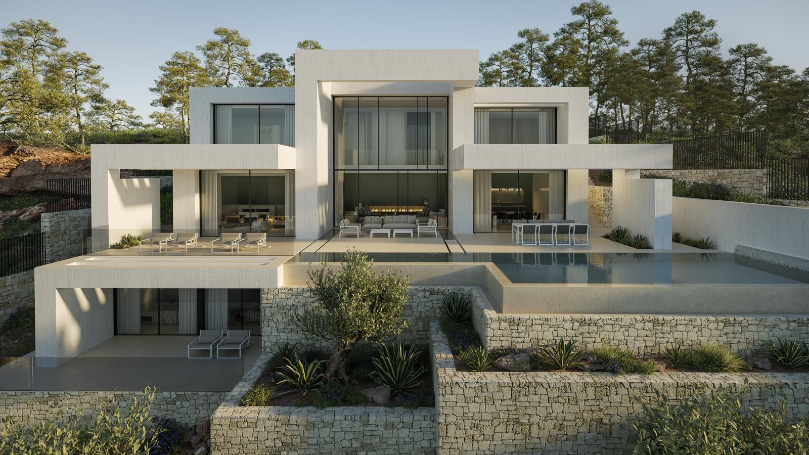 Modern three-level facade featuring geometric lines, an infinity pool, and terraces integrated into natural stone walls surrounded by pine trees.
