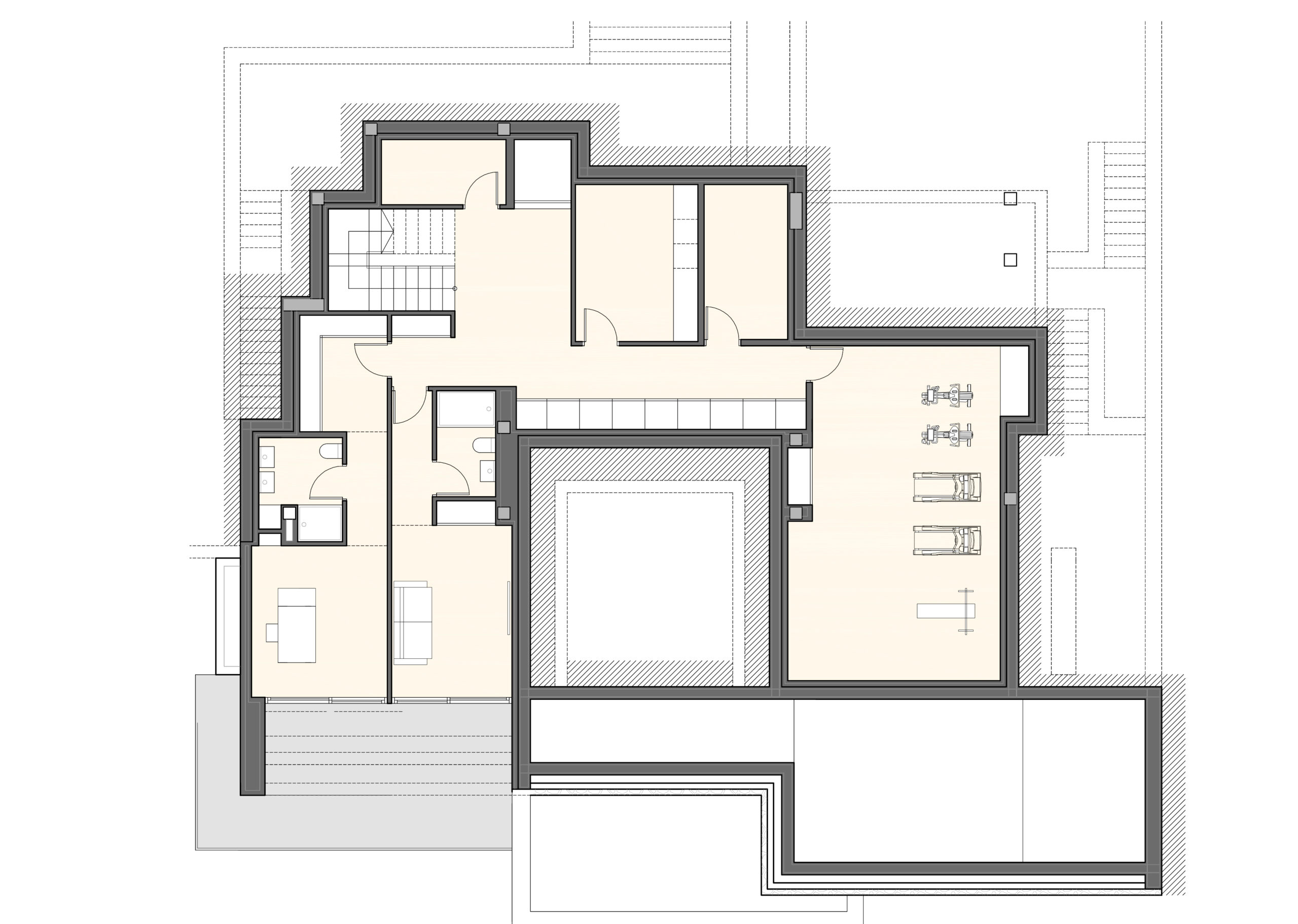 Technical floor plan of the semi-basement level showing the private gym, office, guest bedrooms with en-suite bathrooms, and utility areas.