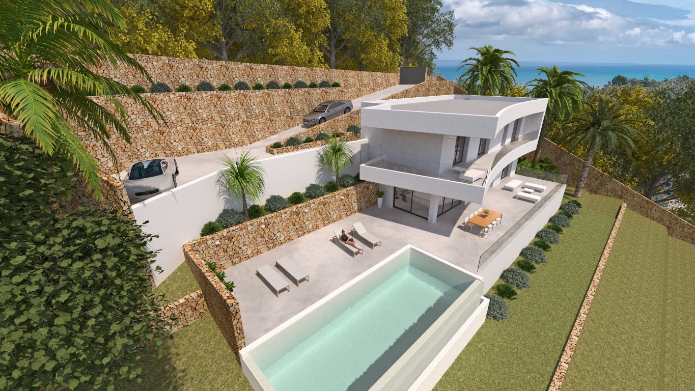 Aerial view of the modern villa featuring an infinity pool, expansive terraces, and natural stone walls, set on a terraced plot with Mediterranean sea views.