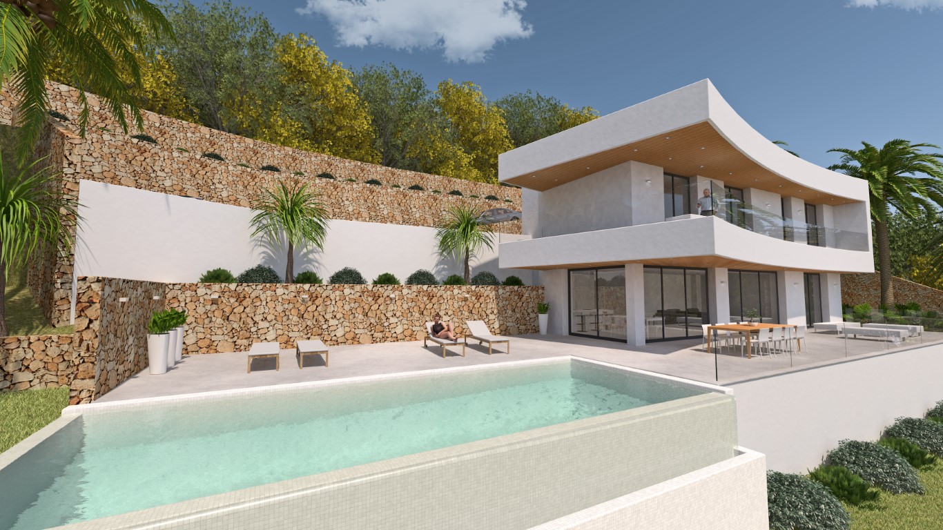 Exterior view of the modern villa featuring an infinity pool, stone retaining walls, and wood-paneled terrace ceilings. Large glass doors connect the interior.
