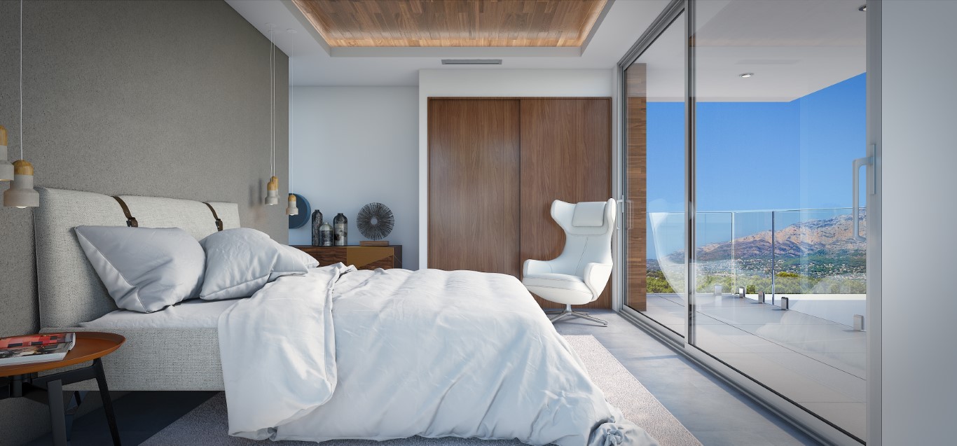 Modern bedroom featuring built-in wooden wardrobes, a wood-inlay ceiling, and floor-to-ceiling sliding glass doors opening onto a private terrace with mountain views.