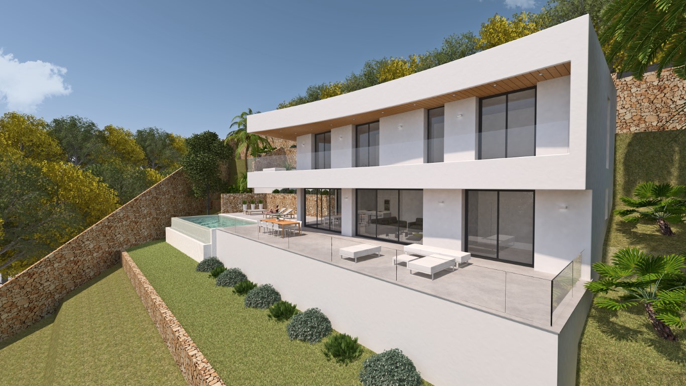 Modern two-story villa exterior showing the curved balcony with wood accents, glass balustrades, and a spacious terrace with an infinity pool.