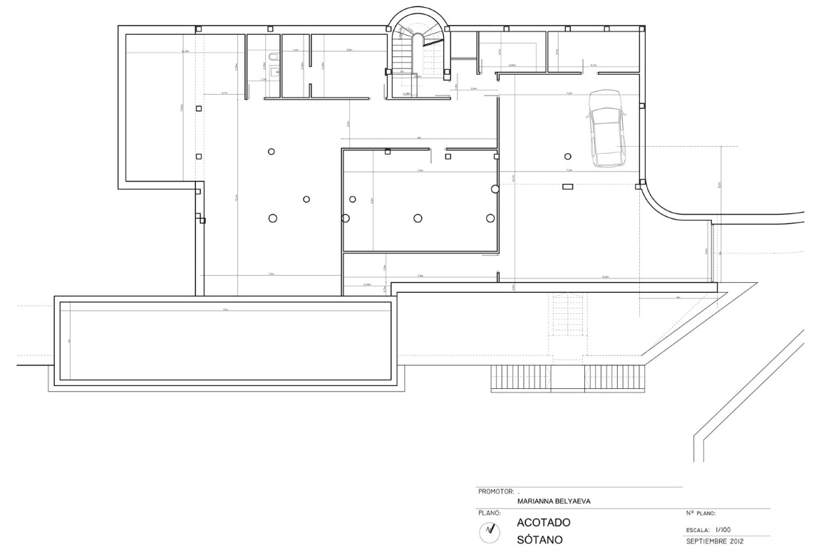 Detailed architectural floor plan of the basement level showing the garage layout, structural columns, and internal staircase access.