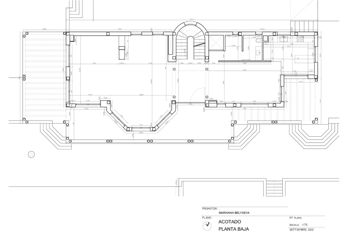 Detailed architectural floor plan of the ground floor showing the layout of the living areas, kitchen, spiral staircase, and exterior terrace dimensions.
