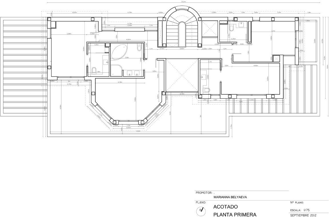 Technical floor plan of the first level showing the precise layout of bedrooms with en-suite bathrooms and the expansive front-facing terrace.