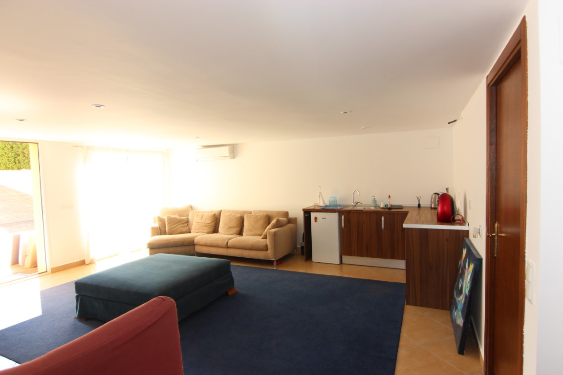Guest apartment living area featuring a functional kitchenette, large L-shaped sofa, blue carpeting, and integrated air conditioning.