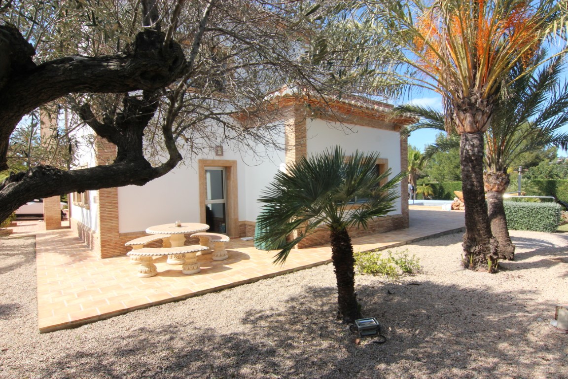 Side terrace featuring terracotta tiling and stone seating, set within a Mediterranean garden with mature trees and palms providing natural shade.