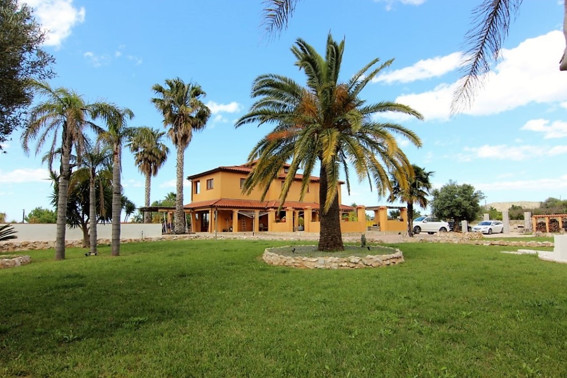Exterior view of the ochre-colored finca featuring a terracotta roof, expansive green lawn, and mature palm trees with stone-bordered planters.