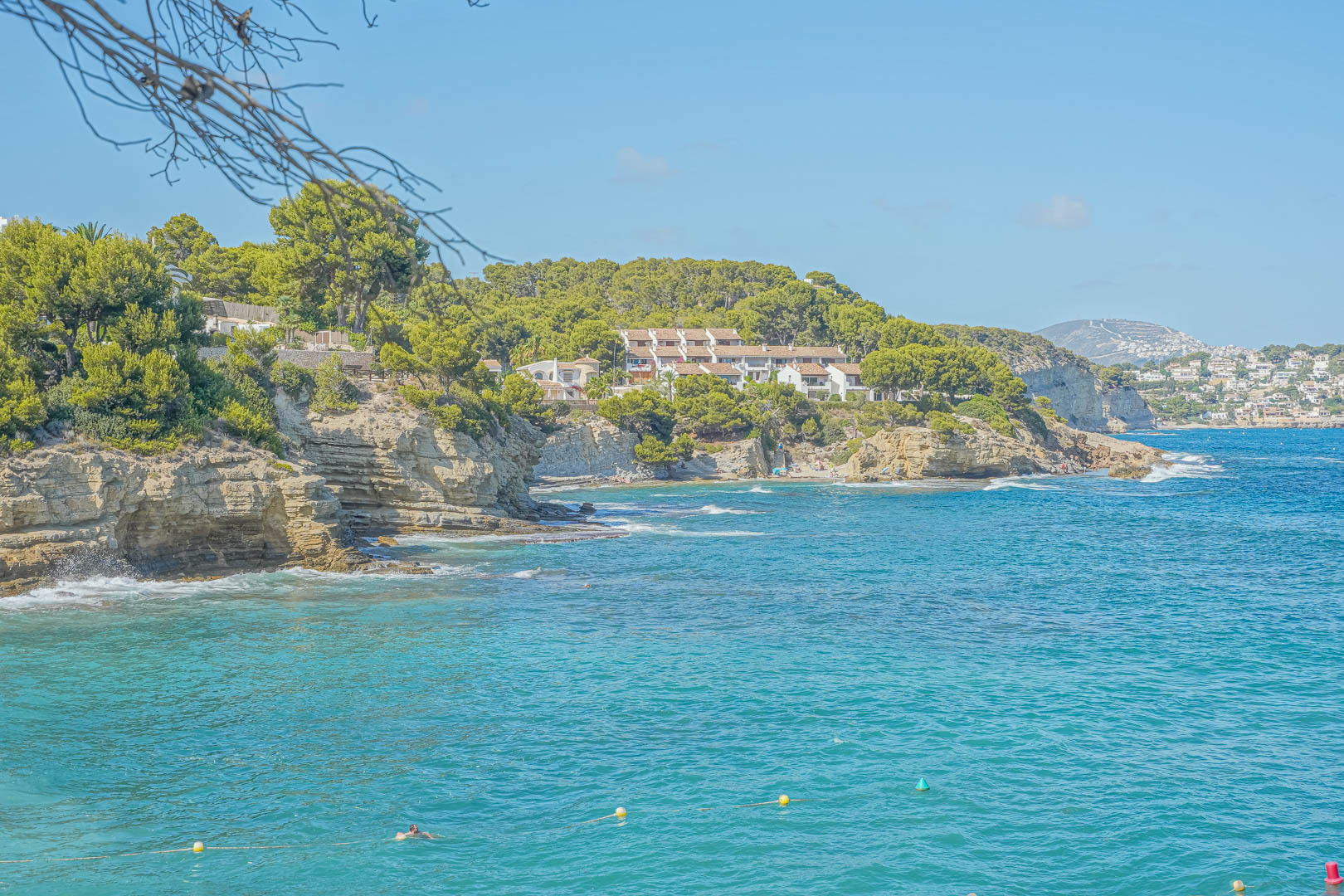 Coastal view showcasing limestone cliffs, Mediterranean pine trees, and turquoise sea water under a clear blue sky.