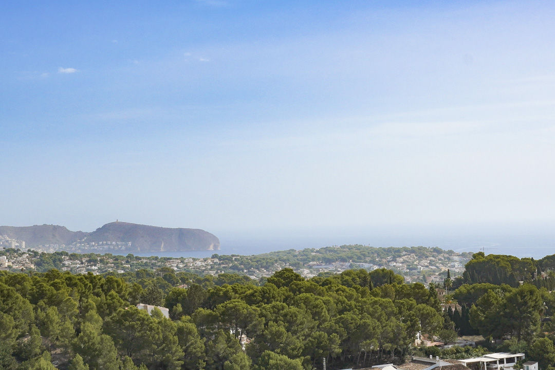 Elevated panoramic view from the plot overlooking a lush Mediterranean pine forest, coastal residential areas, and the sea with a prominent headland.