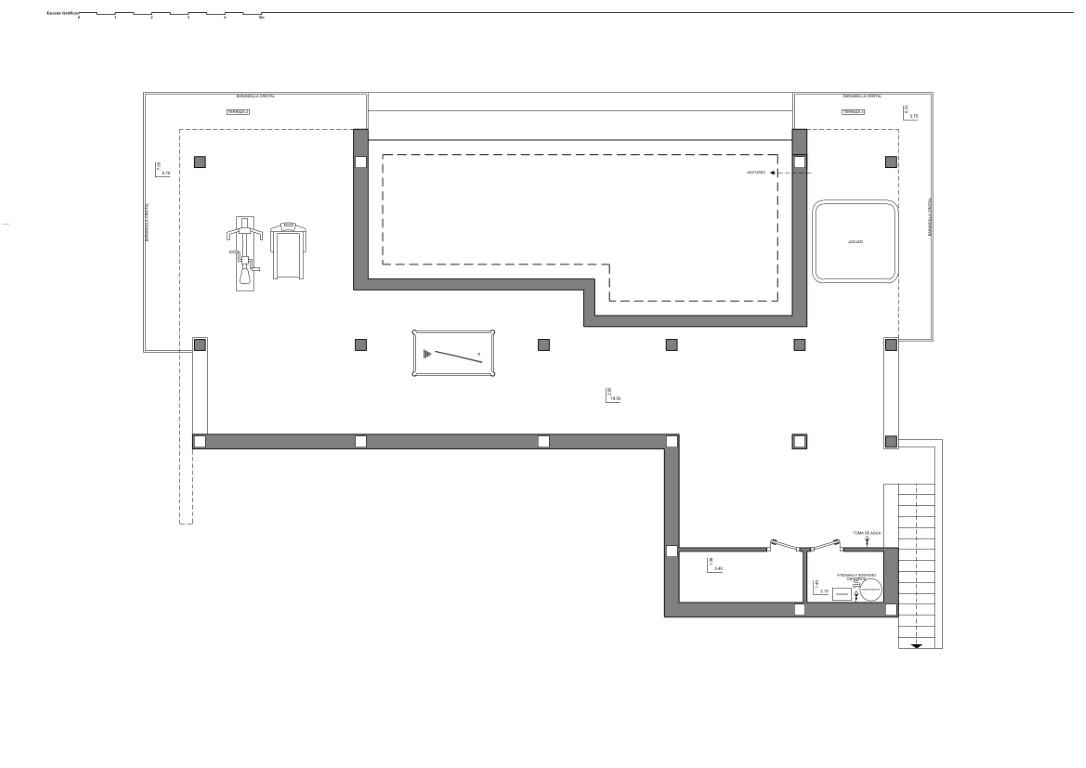 Detailed floor plan of the lower level featuring the terrace layout, swimming pool, jacuzzi, gym area, and billiards table.