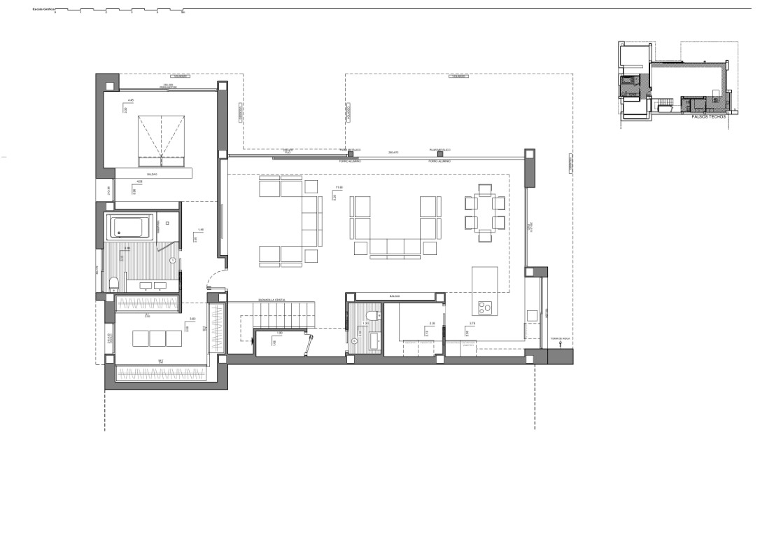 Detailed floor plan of the main level featuring the master suite with dressing room, an open-plan living and dining area, and a kitchen with a central island.