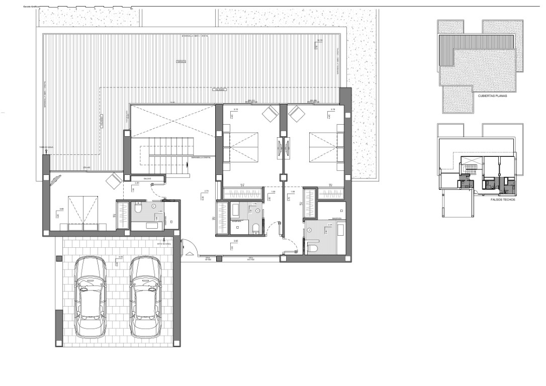 Detailed floor plan of the upper level showing three en-suite bedrooms, built-in wardrobes, a double parking area, and an expansive terrace with architectural shading.