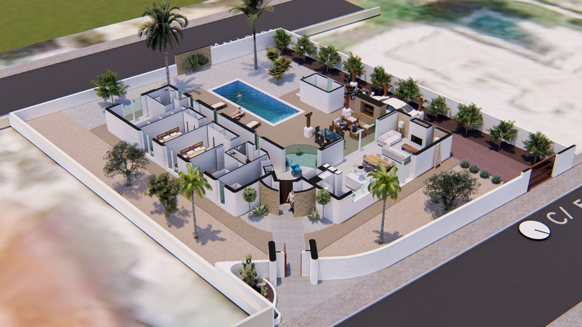 3D aerial floor plan illustrating the villa's layout, featuring the central swimming pool, landscaped gardens, and the spacious interior living areas.