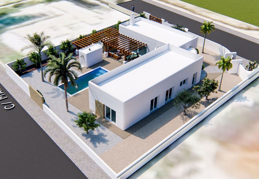 Aerial render of the Ibizan-style villa featuring a white L-shaped structure, rectangular pool, wooden pergola, and landscaped garden.