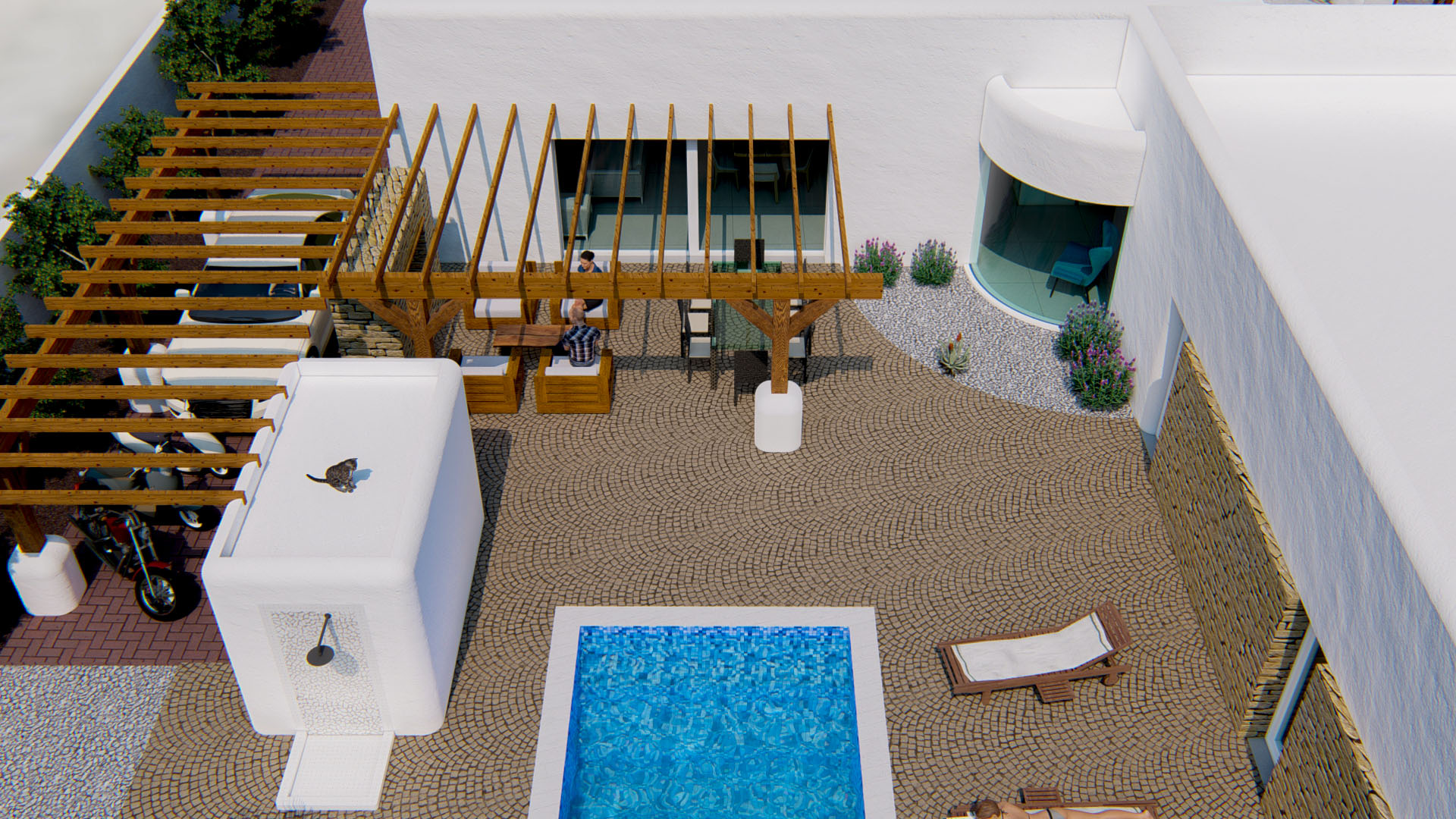 Aerial view of the courtyard featuring cobblestone paving, a blue mosaic pool, wooden pergolas for lounging, and a dedicated covered parking area.